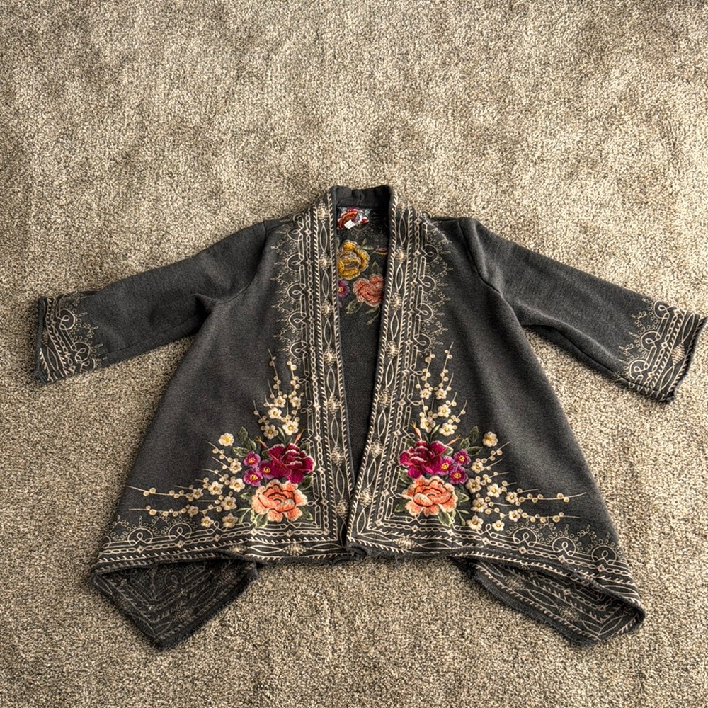 Johnny Was Gray Embroidered Cardigan with Asymmetrical Hem